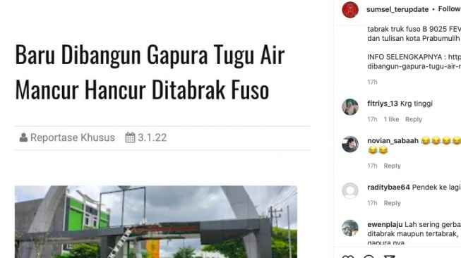 Gapura Tugu Air Prabumulih Baru Dibangun Rusak Ditabrak Truk, Warganet: Kurang Tinggi