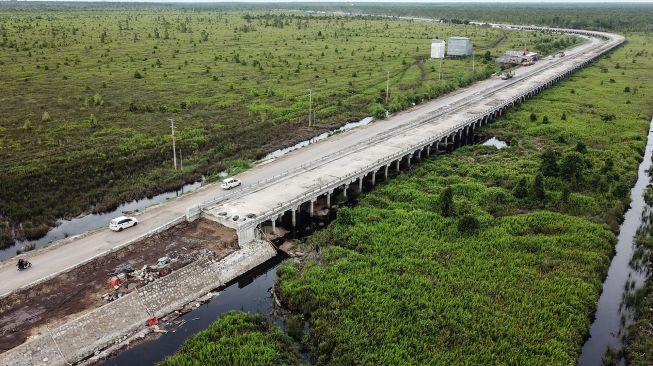 Foto udara kendaraan melintas di sebelah proyek pembangunan jembatan layang (pile slab) di Jalan Trans Kalimantan Bukit Rawi, Pulang Pisau, Kalimantan Tengah, Selasa (4/1/2022). ANTARA FOTO/Makna Zaezar