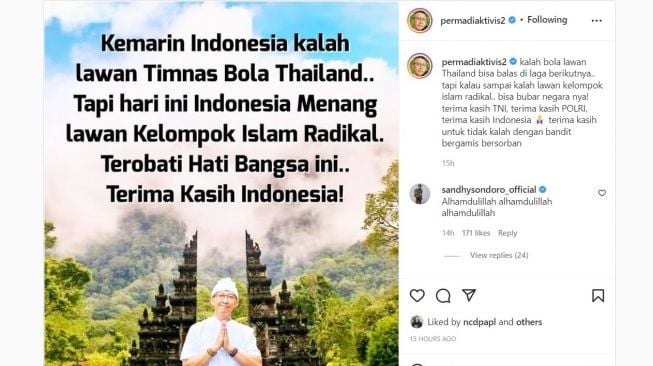 Unggahan abu janda yang mengucapkan rasa syukur setelah Habib Bahar ditahan. [Instagram]