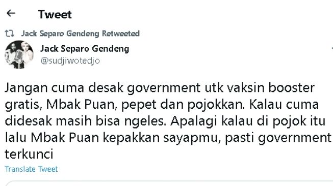 Sudjiwo Tedjo's Tweet untuk Puan Maharani (Twitter)