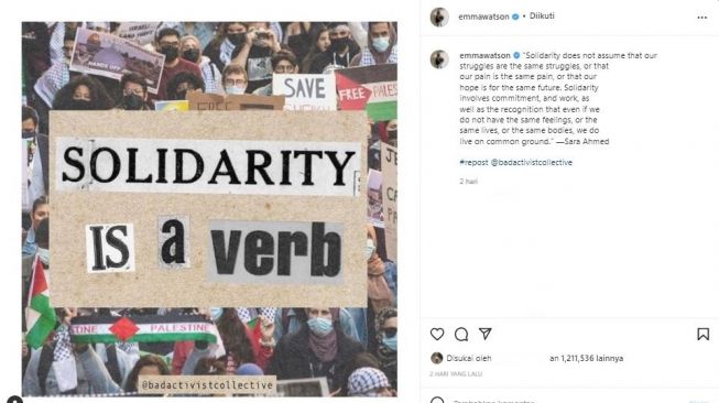 Dukungan Emma Watson untuk Palestina. (Instagram/@emmawatson)