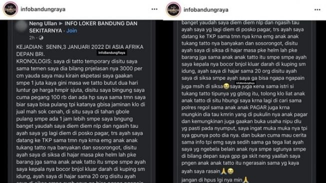 Viral Tukang Tato Keroyok Orang Tua Pelanggan di Bandung (Instagram/@infobandungraya)