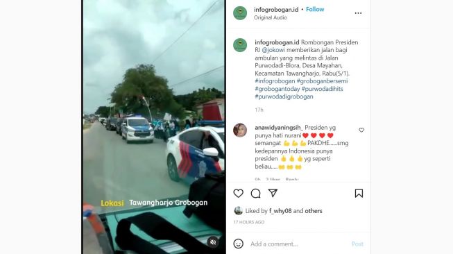 Beredar video rombongan Presiden Jokowi saat kunjungan kerja di Jawa Tengah memberikan akses jalan ambulans. [Instagram]