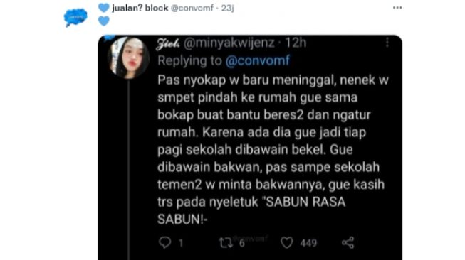 Curhat seorang wanita soal bekal bakwan sabun  (twitter/@convomf)