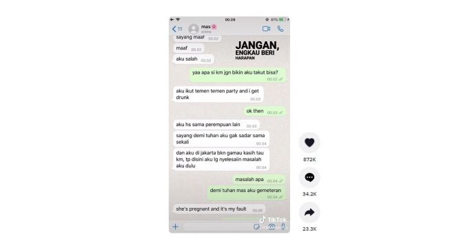 Pengakuan cowoknya selingkuh dan menghamili perempuan lain. [TikTok]