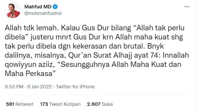 Mahfud MD ikut mengomentari cuitan Ferdinand Hutahaean. [Twitter]