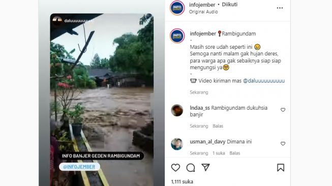 Viral Video Banjir Sungai Rambigundam Jember Setelah Hujan Lebat Sore Ini