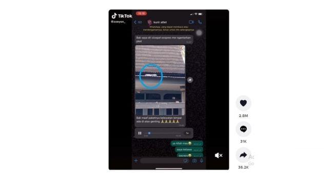 Paket dilempar nyangkut di atas atap rumah. [TikTok]
