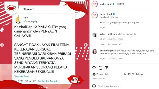 Unggahan soal film Penyalin Cahaya [Instagram/@lambe_turah]