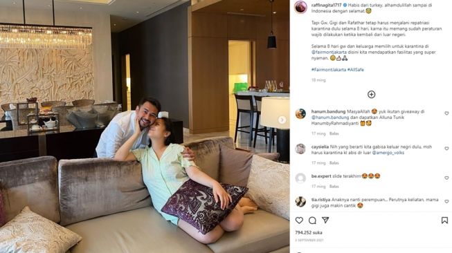 Raffi Ahmad dan Nagita Slavina saat menjalani karantina di sebuah hotel. [Instagram]