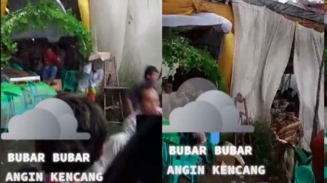 Angin Kencang Goyang Tenda Hajatan, Bapak-Bapak Panik Bawa Piring Jadi Sorotan