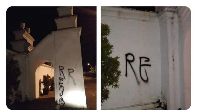 Tangkapan layar vandalisme yang dilakukan orang tidak dikenal di dinding Benteng Keraton sebagai situs cagar budaya di Jalan Rotowijayan, Kalurahan Kadipaten, Kemantren Kraton, Kota Jogja. [Twitter.@merapi_uncover]
