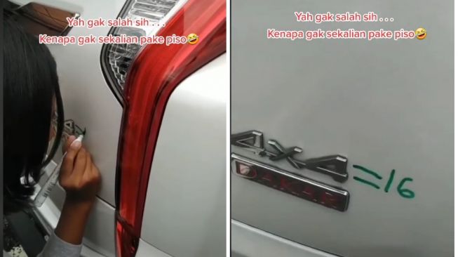 Bagian belakang Mitsubishi Pajero Sport dijadikan papan tulis dadakan oleh bocil (TikTok)