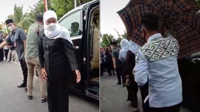 Gubernur Jatim Khofifah Kunjungan, Payung Asistennya Bikin Salfok Warganet