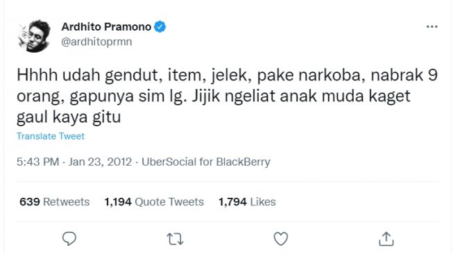 Cuitan Ardhito Pramono 10 tahun lalu bikin publik menilai kalau dirinya menjilat ludah sendiri (Twitter)