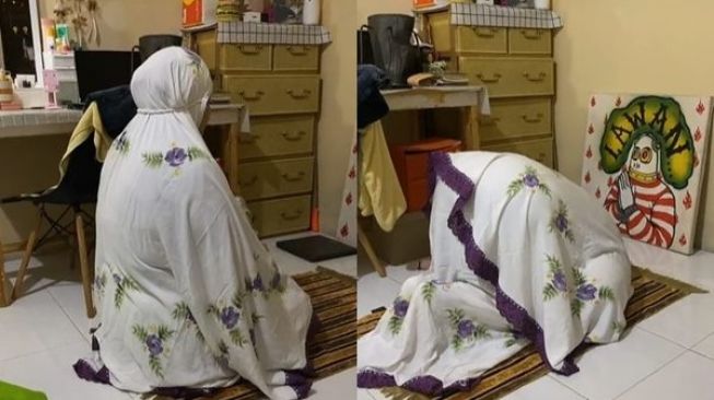 Viral Cewek Salat Hadap Tembok, Foto di Dinding Ramai Bikin Salfok: Nyembah Bright