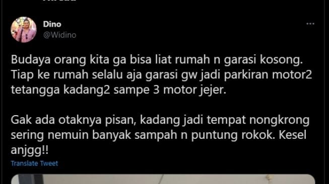 Curhat pemilik rumah tentang kelakuan tetangga parkir di garasi rumahnya (Twitter)