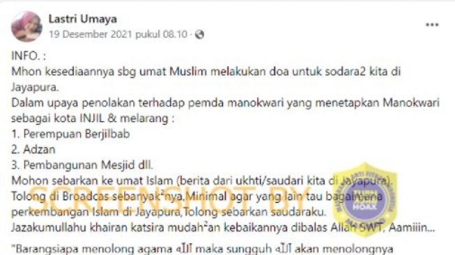 CEK FAKTA: Manokwari Papua Resmi Jadi Kota Injil, Larang Adzan sampai Pembangunan Masjid, Benarkah?