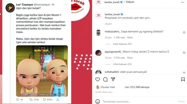 Unggahan soal Upin & Ipin [Instagram/@Lambe_turah]