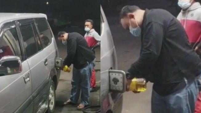 Viral Pengendara Mobil Toyota Kijang Mengisi Bahan Bakar Dicampur Minyak Goreng, Publik Heboh