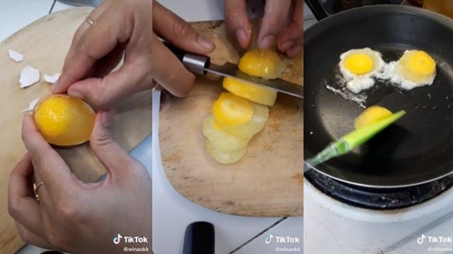 Tutorial menggoreng sebutir telur untuk 4 porsi. (TikTok/@winaokk)