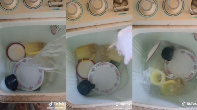 Mencuci piring anticapek dengan mesin cuci. (TikTok/@amirulazamma)