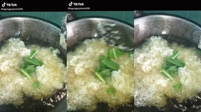 Memasak nasi goreng 'berkuah'. (TikTok/@agungpujianto526)