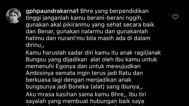 Curhatan Paundra yang tak terpilih menjadi penerus takhta Raja Mangkunegaran. [Instagram]