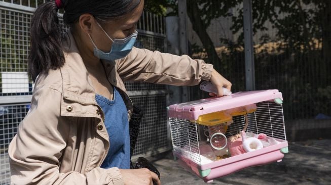 Seorang warga memegang kandang dengan seekor hamster sebelum memasuki Pusat Pengelolaan Hewan di Shatin, Hong Kong, pada (19/1/2022). [BERTHA WANG / AFP]