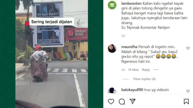 Sosok wanita yang menggunakan gamis bonceng motor di jalan (Instagram)