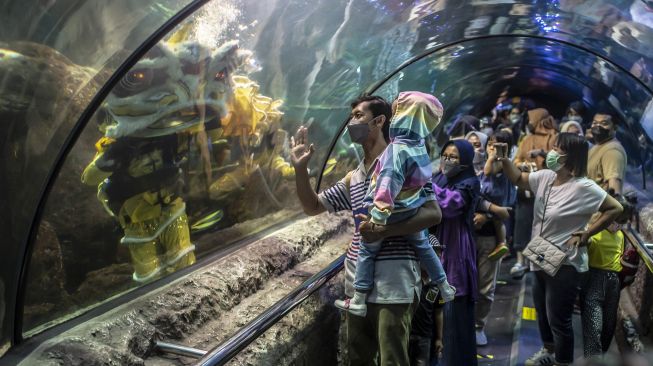 Barongsai beraksi menghibur pengunjung di akuarium SeaWorld Ancol, Jakarta, Senin (24/1/2022).  ANTARA FOTO/Muhammad Adimaja