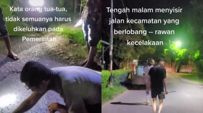 Viral Aksi Warga Gerak Cepat Tambal Jalan Berlubang, Warganet Ramai Sindir Pemerintah