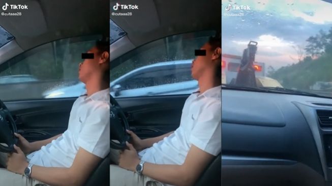 Seorang pria tampak tertidur sambil tetap mengendarai mobil. (TikTok/@cutaaa28)