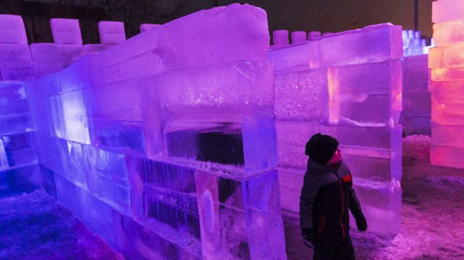 Seorang anak berjalan di Ice Palace Maze, Stillwater, Minnesota, Amerika Serikat, pada (21/1/2022). [KEREM YUCEL / AFP]