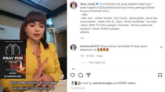 Dinar Candy berduka atas kejadian di Double O Sorong [Instagram/@dinar_candy]