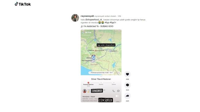 Order makanan online driver ojolnya dari beda benua. [TikTok]