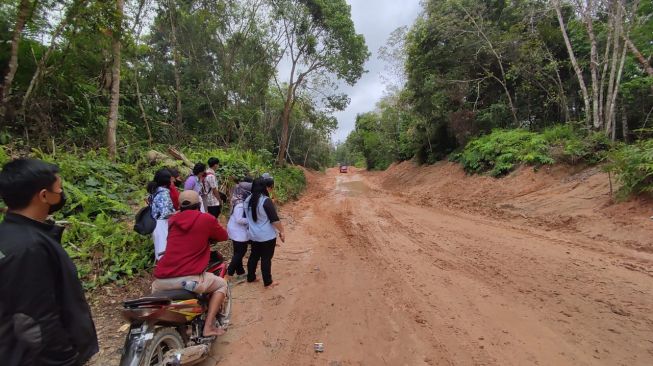 Jalan tanah di Kubar, buat siswa-siswi dari 2 sekolah susah lewat. [Suara.com/Denada S Putri]