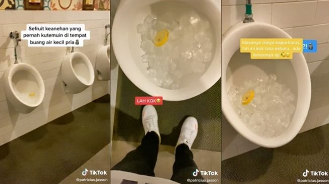 Pria bingung urinoar toilet ada es batu dan potongan lemon. (TikTok/@patricius.jasson)