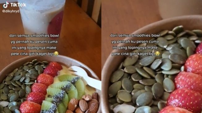 Warganet bingung smoothie bowl diberi topping 'petai cina'. (TikTok/@dikyhryd)