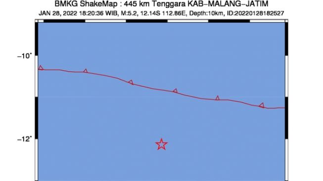 Gempa M5.2 di Tenggara Kabupaten Malang, Tidak Berpotensi Tsunami. [BMKG]