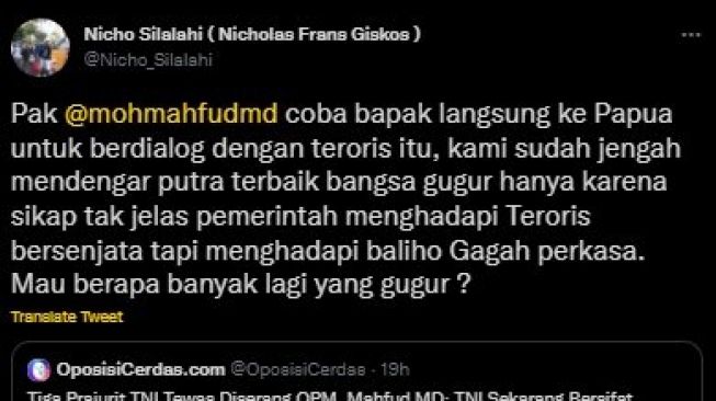 Tantang Mahfud MD Temui Kelompok OPM, Nicho Silalahi Diminta Warganet Datang ke Papua