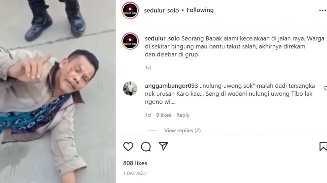 Korban kecelakaan viral di media sosial karena tak kunjung ditolong warga sekitar. [Instagram @sedulur_solo]