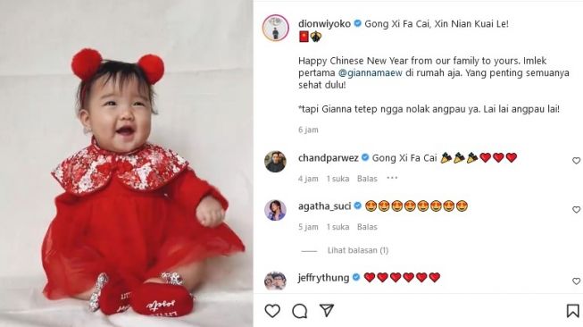 Dion Wiyoko mengunggah video putrinya, Gianna Mae Wiyoko.yang tampak menggemaskan mengenakan gaun merah saat perayaan Imlek. [Instagram]