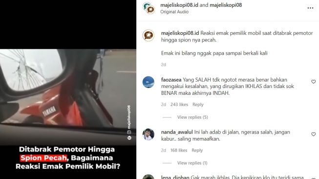 Kaca Spion pecah ditabrak pemotor, reaksi pemobil bikin publik terenyuh (Instagram/majeliskopi08)