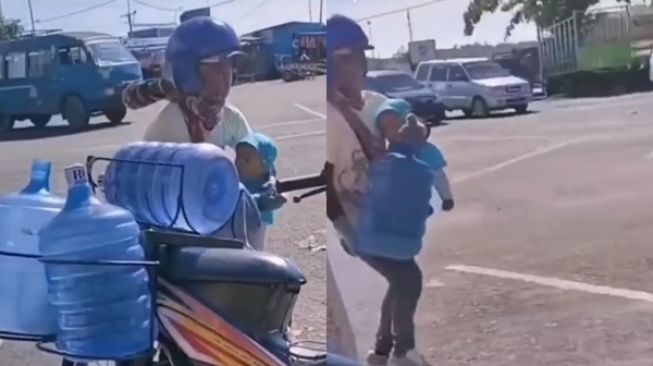 Viral Ayah Keliling Antar Galon Sambil Gendong Anak, Warganet Terenyuh: Pejuang Keluarga