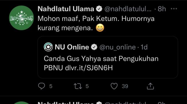 Cuitan akun Twitter Nahdlatul Ulama yang heboh karena dianggap mengadu domba. (tangkapan layar)