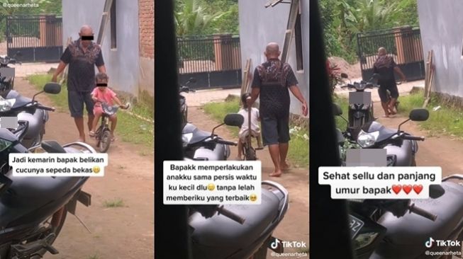 Kakek temani cucunya main sepeda dan bikin publik terenyuh. (TikTok/@queenarheta)