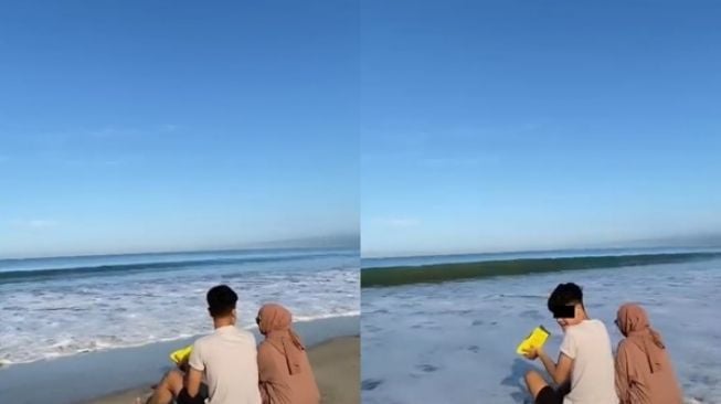 Sejoli Asyik Berduaan di Pantai, Niat Estetik Berakhir Panik Lihat Kondisi HP Mengenaskan