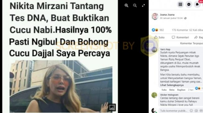 CEK FAKTA Nikita Mirzani Tantang Tes DNA Buat Buktikan Cucu Nabi dan Hasilnya Ngibul. (Turnbackhoax.id)