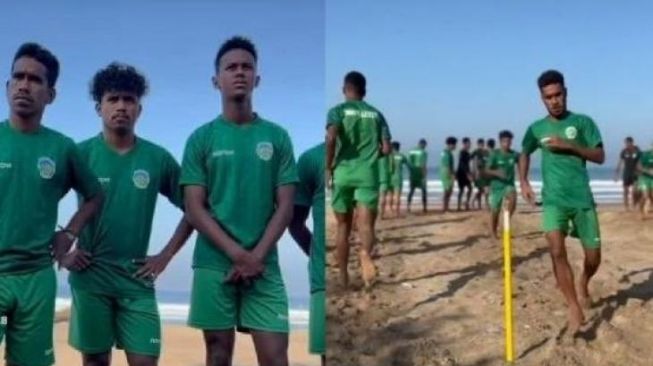 Timor Leste latihan di pantai jelang Piala AFF U-23. (TikTok/@almeriolopes8)